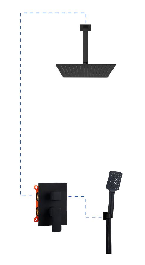 AQG Bold, душевой комплект EС217 на 2 потребителя: с квадратным верхним душем 25х25 см и потолочным кронштейном 35 см, цвет черный матовый