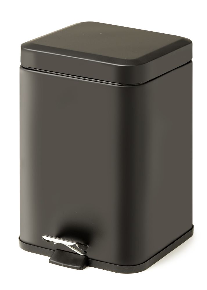 Gedy Argenta, квадратный контейнер для мусора с педалью (5 л.), крышка soft close, цвет черный матовый